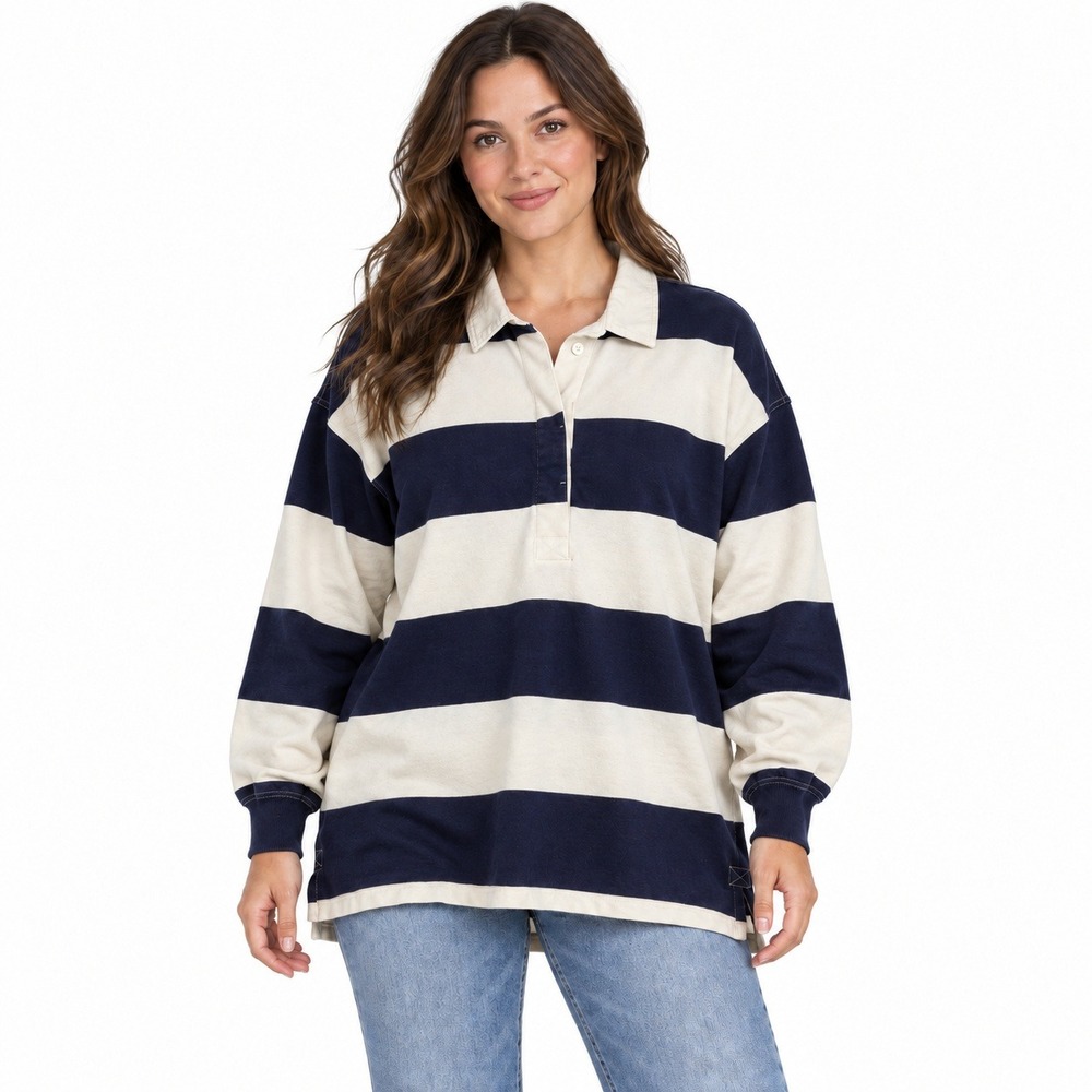 Aerie Rugby Shirt Women Medium Navy Blue White Striped Oversized Long Sleeve